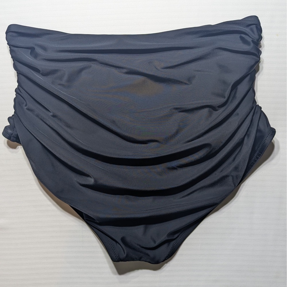 High-End Boutique Women Ruched Swim Bikini Bottoms L XL Black High Waisted Lined